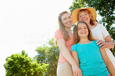 Buy stock photo Senior woman, mother and portrait with child, smile and relax on holiday or vacation for break. Happy family, grandmother and girl in bonding together for love, support and care as generations in USa