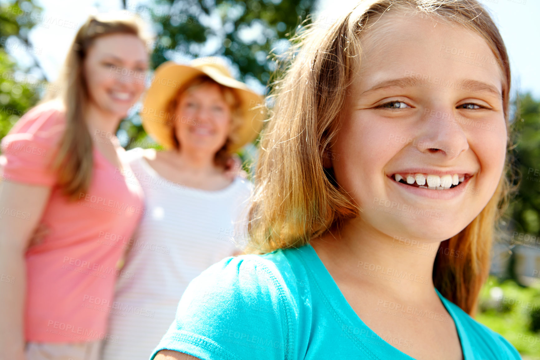 Buy stock photo Child, happiness and grandmother with portrait, smile and relax on holiday, vacation or break. Little girl, mother and senior woman in bonding together for love, support or care as generations in USA