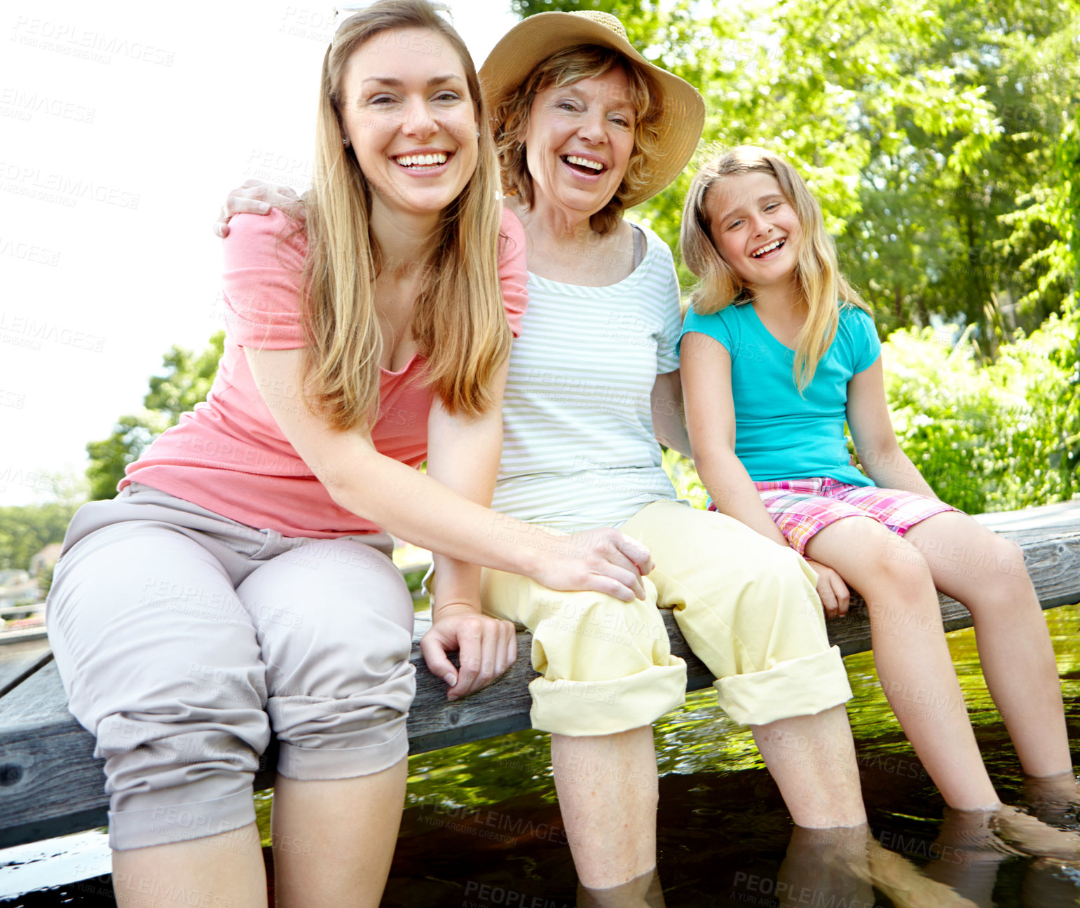 Buy stock photo Portrait, lake and mama with daughter, generations and vacation with water, happiness and relax. Face, family and parent with weekend break, bonding together and love with summer holiday and child