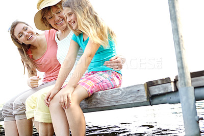 Buy stock photo Happy family, grandmother and child for relax, holiday and vacation in water or river as barefoot. Senior woman, daughter and girl in bonding together for love, support and care as generations in USA