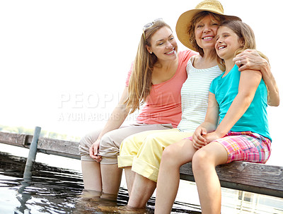 Buy stock photo Happy family, grandmother and child for hug on holiday or vacation in water or river as barefoot. Senior woman, daughter and embrace in bonding together for love, support or care as generation in USA