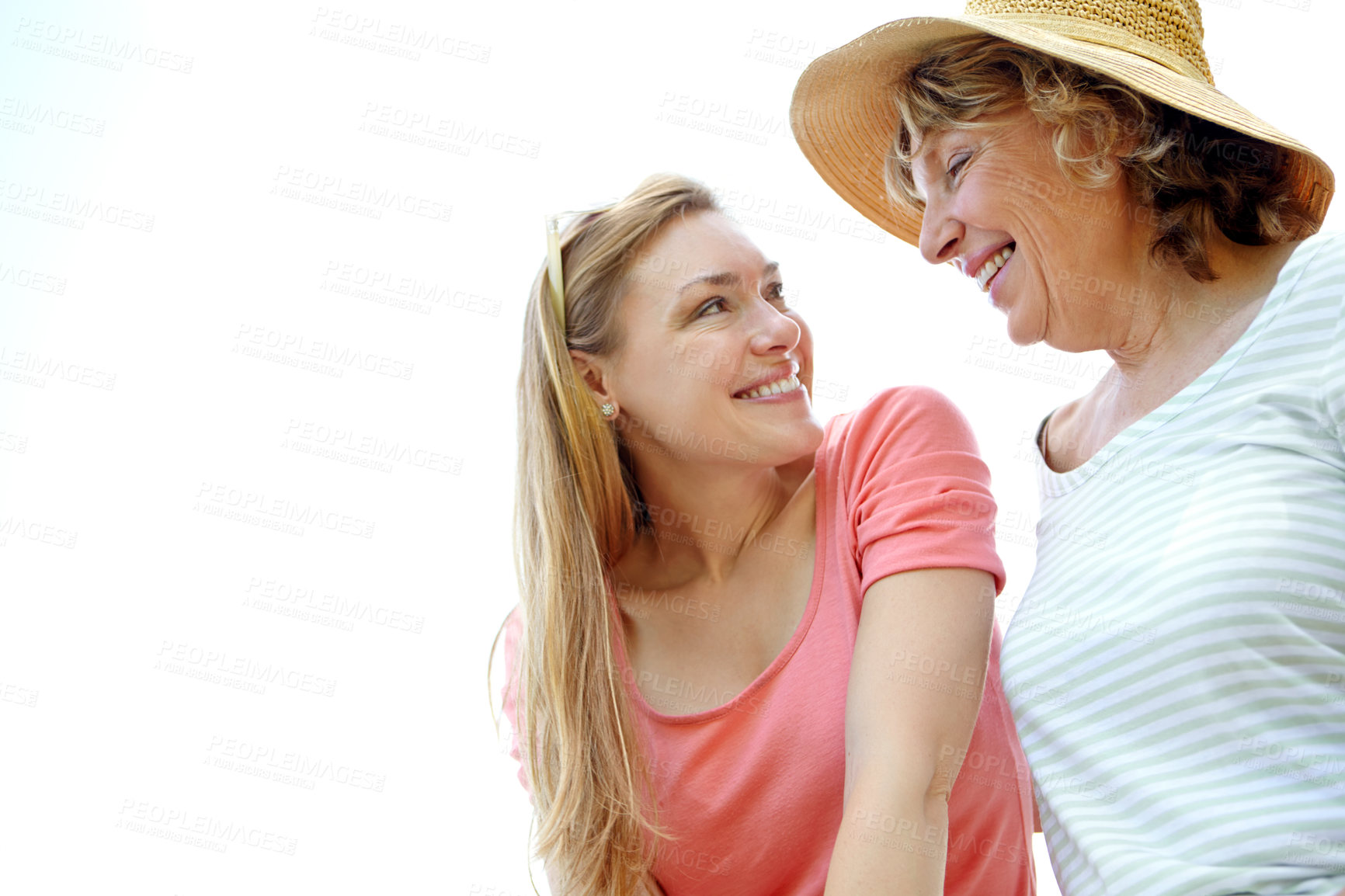 Buy stock photo Happy family, senior parent and woman for memory on holiday, travel or vacation in nature. Mother, daughter and outdoor in bonding together for love, support or care on adventure or trip in Indonesia