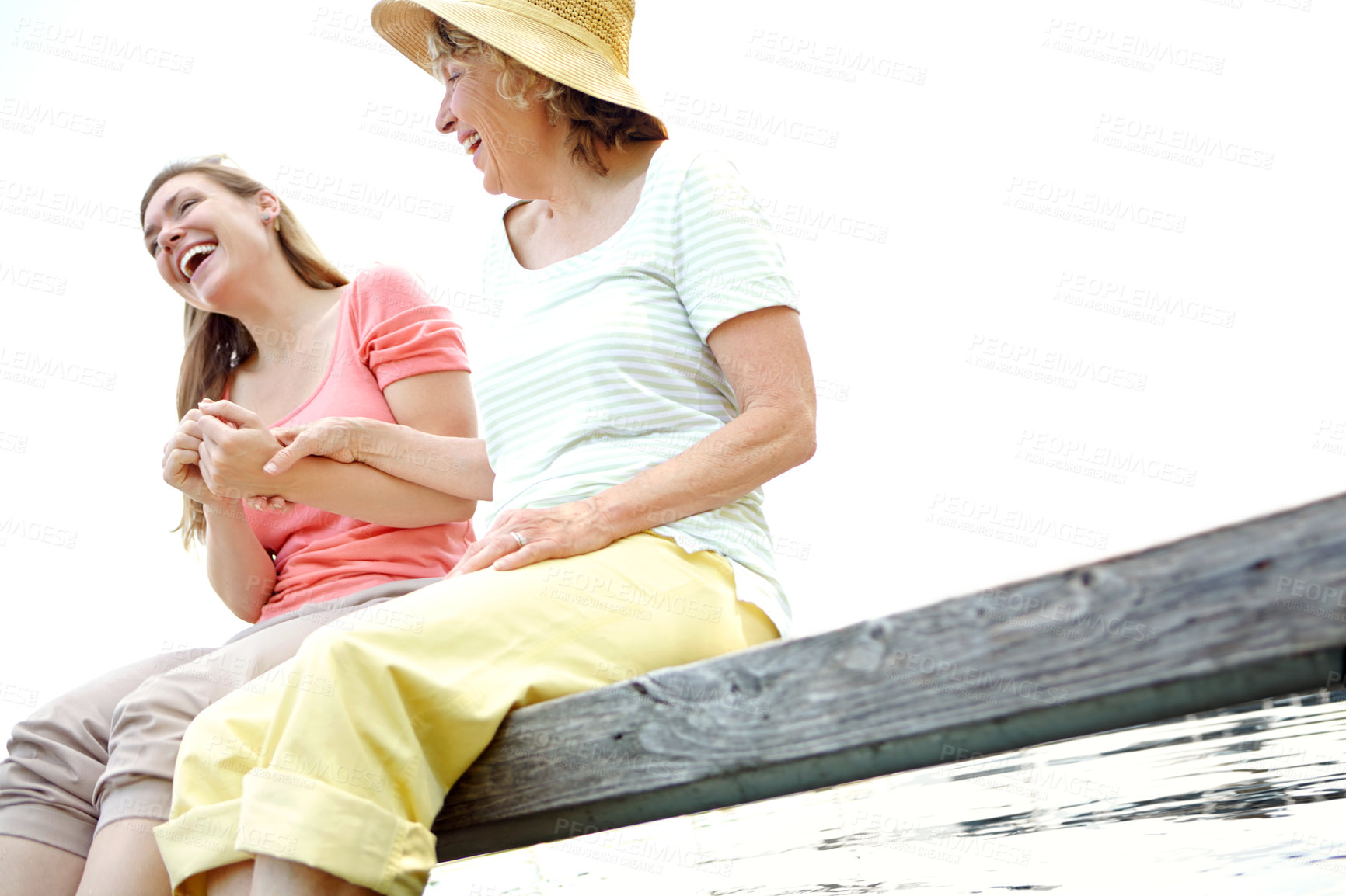 Buy stock photo Happy family, senior parent and woman for memory on holiday, travel or vacation in nature. Mother, daughter and outdoor in bonding together for love, support or care on adventure or trip in Indonesia