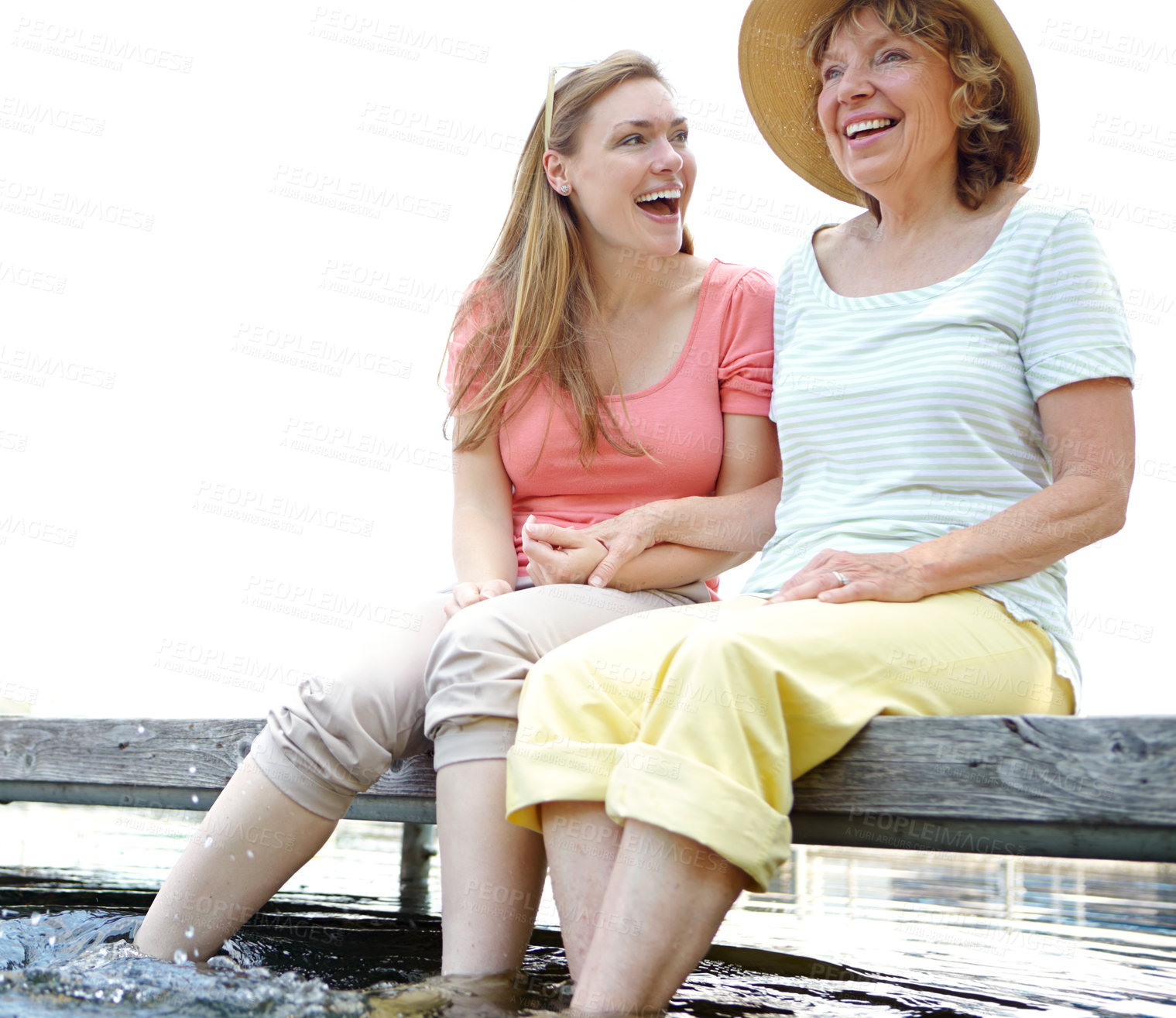 Buy stock photo Happy family, senior mother and woman for memory on holiday, travel or vacation in nature. Parent, daughter and outdoor in bonding together for love, support or care on adventure or trip in Indonesia