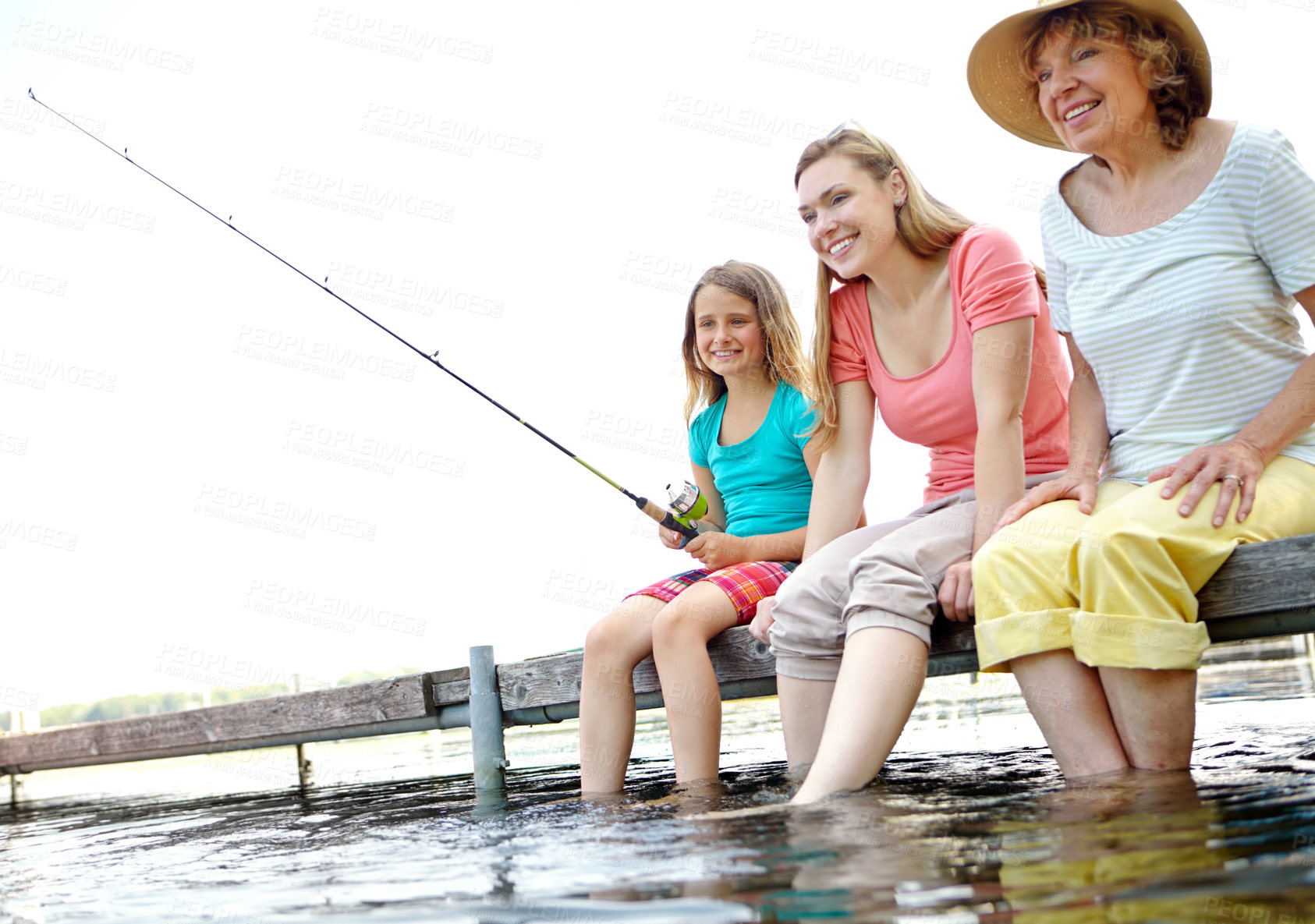 Buy stock photo Happy family, grandmother and child for fishing on holiday or vacation in water or river as barefoot. Senior woman, daughter and fun in bonding together for love, support or care as generation in USA