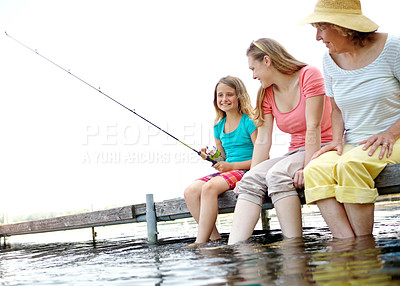 Buy stock photo Happy family, senior woman and child for fishing on holiday or vacation in water or river as barefoot. Grandmother, daughter and fun in bonding together for love, support or care as generation in USA