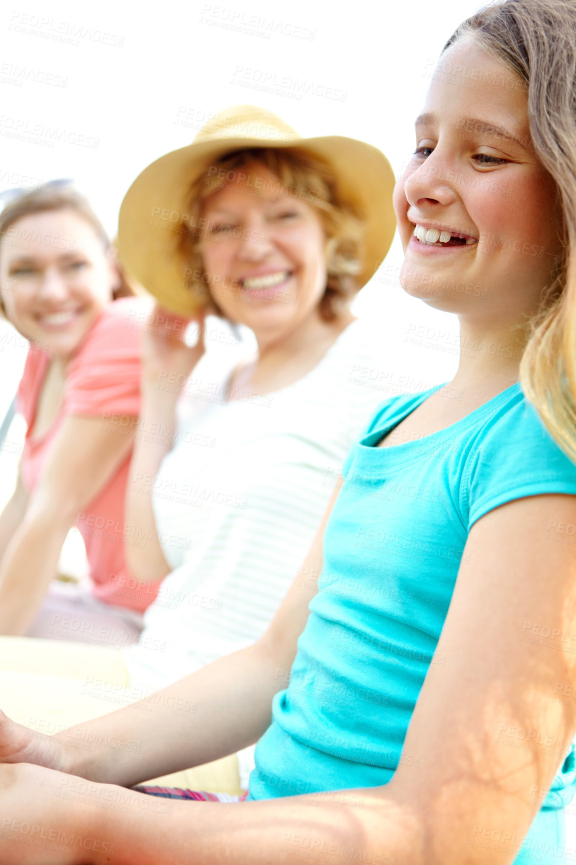 Buy stock photo Happy child, grandmother and family in activity, holiday or vacation for outdoor adventure in summer. Senior woman, daughter and fun in bonding together for love, support or care as generation in USA