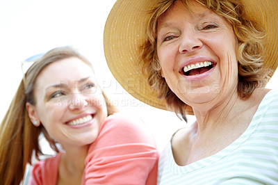 Buy stock photo Happy, mature mother and daughter outdoor for reflection of family memories, relax and bonding together. Smile, women and mom thinking for nostalgia of childhood, relationship connection and carefree