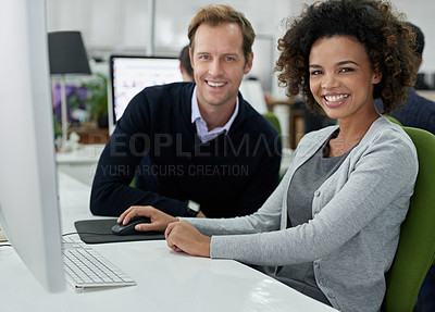 Buy stock photo Computer, people and smile at office for collaboration, teamwork and research as copywriter. Portrait, employees and happy with confidence for company, career and job growth with good reviews