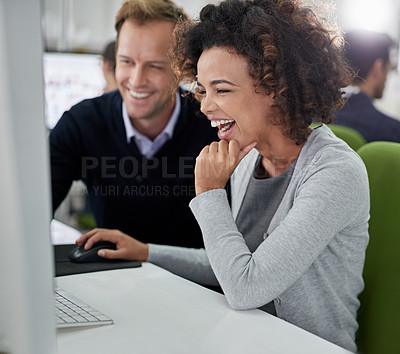 Buy stock photo Computer, employees and happy at office for collaboration, teamwork and research as copywriter. Partners, people and smile with project or results for company, career and job growth or target reviews