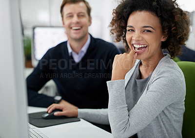 Buy stock photo Computer, employee and happy at office for collaboration, teamwork and research as copywriter. Portrait, people and smile with confidence for company, career and job growth with good reviews