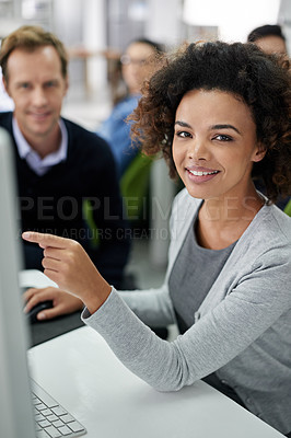 Buy stock photo Computer, people and smile at office for teamwork, collaboration and research as copywriter. Portrait, employees and happy with confidence for company, career and job growth or reviews with pointing