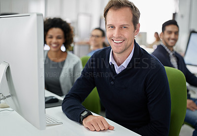 Buy stock photo Portrait, man and group with computer, smile and office as team for company, corporate or business. Businesspeople, happy and technology for economy in graphic design, magazine and publication