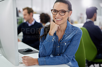 Buy stock photo Portrait, woman and employees with computer, smile and office as team for company, startup or business. Businesspeople, happy and technology for web design, cybersecurity and development in IT