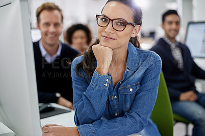 Buy stock photo Portrait, woman and smile in modern office with computer for project development, teamwork and startup company. Graphic designer, collaboration and female person in creative agency for business 