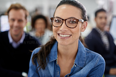 Buy stock photo Portrait, woman and smile in modern office with team for project development, synergy and startup company. Female graphic designer, collaboration and happiness in professional creative agency 