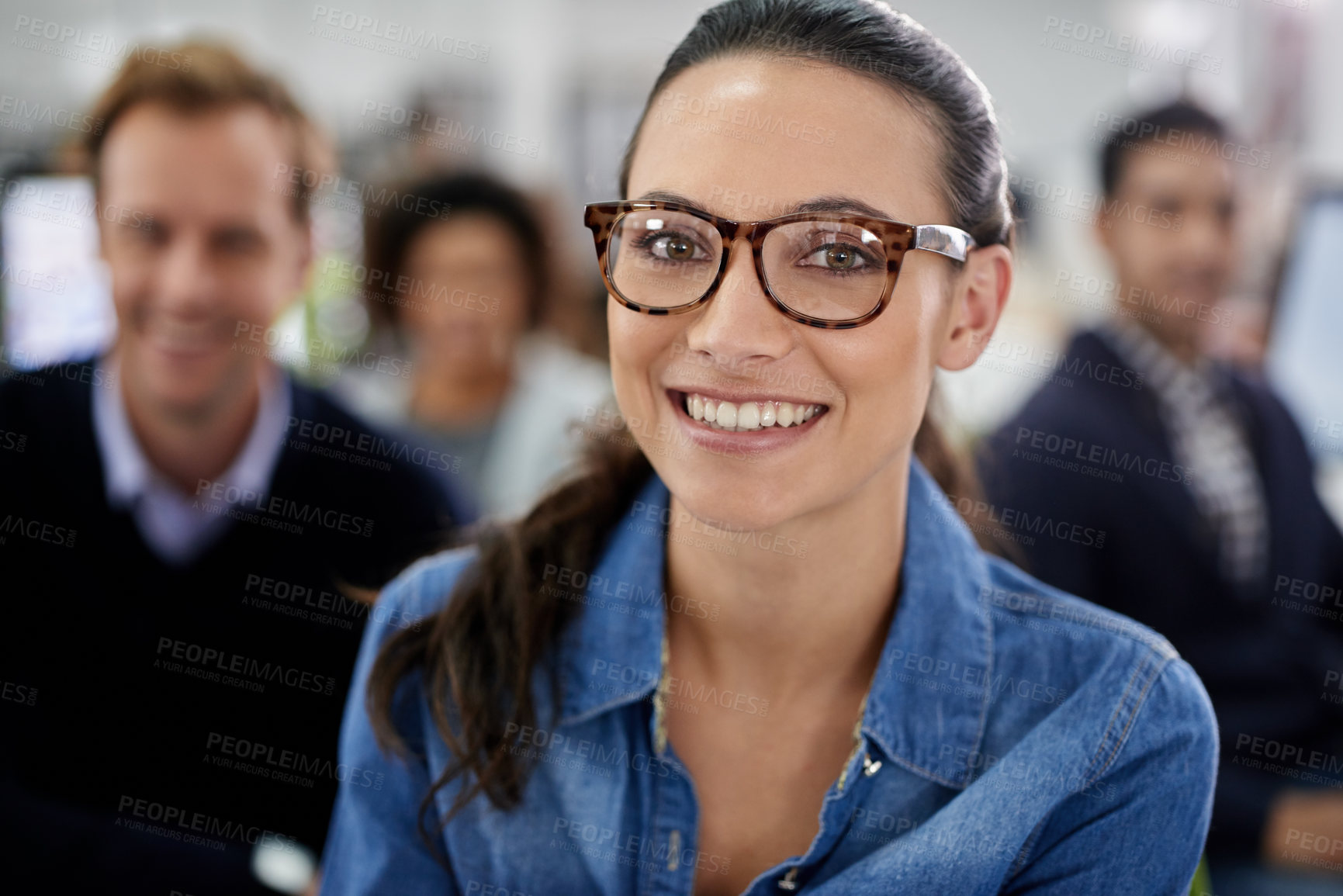 Buy stock photo Portrait, woman and smile in modern office with team for project development, synergy and startup company. Female graphic designer, collaboration and happiness in professional creative agency 