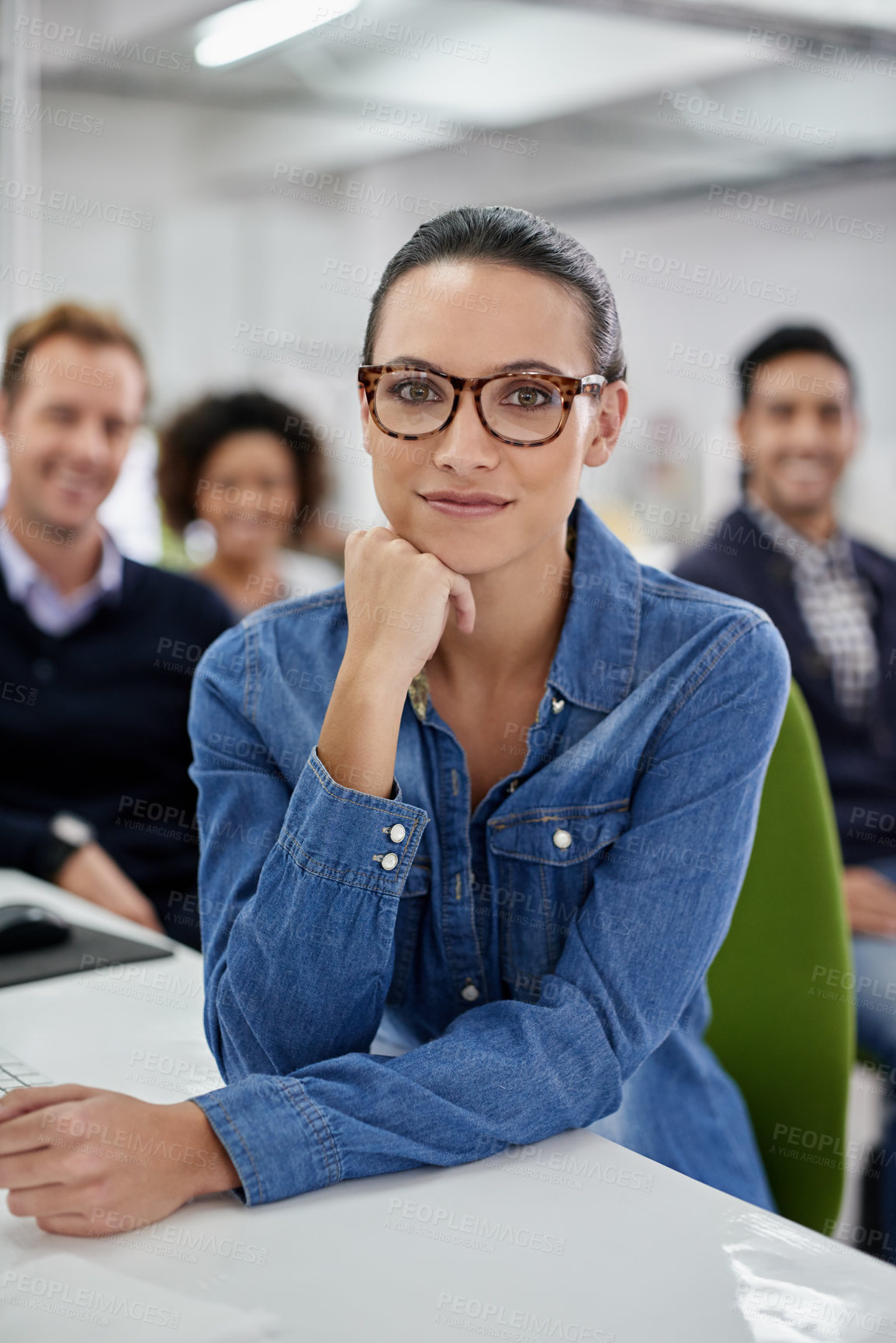 Buy stock photo Portrait, woman and pride in modern office with team for project management, collaboration and startup company. Graphic designer, synergy and female person in creative agency for business development