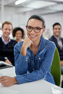 Buy stock photo Portrait, woman and happy in modern office with computer for new project, teamwork and startup company. Female graphic designer, collaboration and smile in creative agency for career development