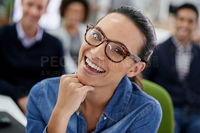 Buy stock photo Laugh, portrait and woman manager with colleagues, office and company for team meeting. Face, eyewear and leadership for interior designer, creative and coworkers for female person in workplace 