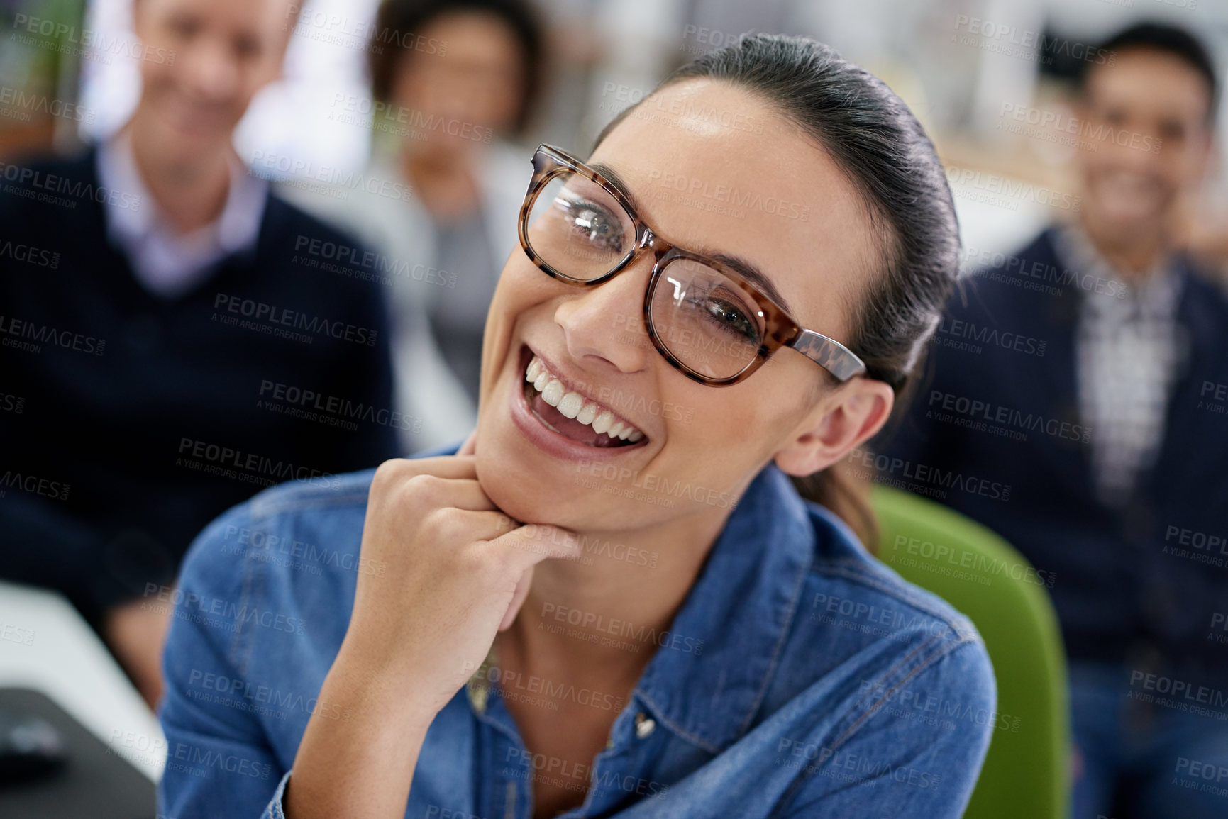 Buy stock photo Laugh, portrait and woman manager with colleagues, office and company for team meeting. Face, eyewear and leadership for interior designer, creative and coworkers for female person in workplace 