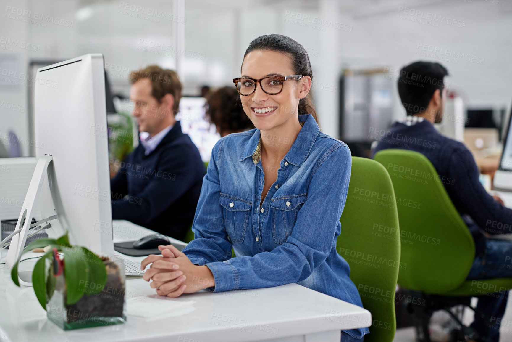 Buy stock photo Woman, portrait and computer in office for proposal, employee and business report or online. Female person, internet and coworking space for research, smile and proud of marketing agency and planning