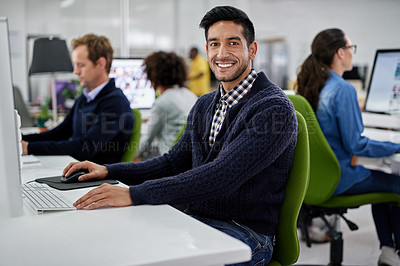 Buy stock photo Man, portrait and computer in office for proposal, employee and business report or online. Male person, internet and coworking space for research, smile and proud of marketing agency and planning