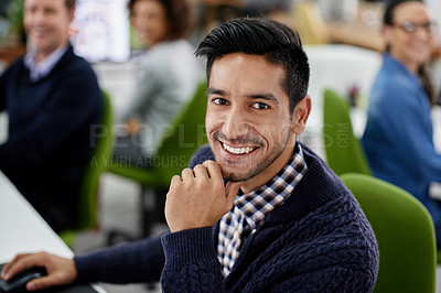 Buy stock photo Man, portrait and confident in creative office, employee and company leader in business. Happy person, manager and coworking space for team, positive and proud of professional agency and planning