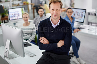 Buy stock photo Man, portrait and confident in creative office, leader and company solidarity in business. Male person, manager and coworking space for team, positive and proud of marketing agency and arms crossed