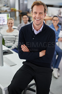 Buy stock photo Man, portrait and confident in creative office, leader and company solidarity in business. Male person, manager and coworking space for team, laughing and proud of marketing agency and arms crossed