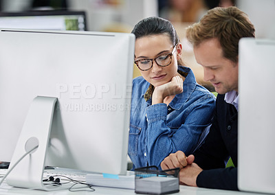 Buy stock photo Business people, computer and teamwork with paper at desk for administration, policy review and planning. Man, woman and brainstorming by monitor in office for problem solving, solution and advice