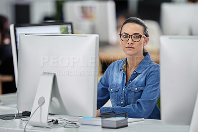 Buy stock photo Portrait, girl and computer at desk, workplace and employee at workspace,  IT technician and office work. Technology, digital and developer in project management, desktop and typing for creative job