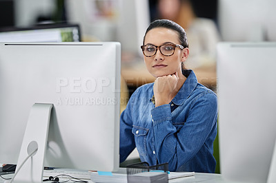 Buy stock photo Creative, portrait and woman in office with computer for online work in designer agency or company. Girl, confident and technology for ui task on multimedia or graphic design project for business.