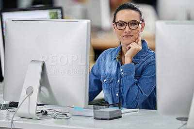 Buy stock photo Creative, portrait and girl in office with computer for online work in designer agency or company. Woman, confident and technology for ui task on multimedia or graphic design project for business.