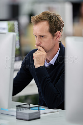 Buy stock photo Serious, businessman and thinking at desk with computer and documents for research on company project. Male person and employee with tech, working on idea or plan for corporate proposal in office