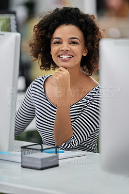 Buy stock photo Portrait, thinking and smile of business woman on computer in office, company or startup workplace in Brazil. Face, happy professional or creative entrepreneur with idea for employee and web designer