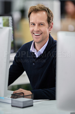 Buy stock photo Portrait, smile and business man on computer in office, company or startup workplace in Switzerland. Face, happy professional and creative entrepreneur laughing, employee and web developer at desk