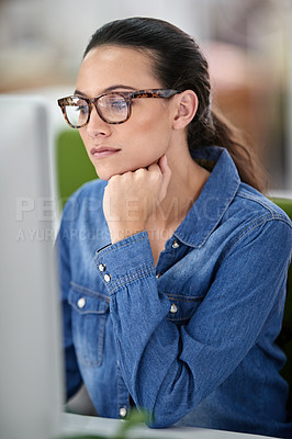 Buy stock photo Computer, woman and desk for online work, thinking and read on internet in workspace. Technology, employee and creative for freelancer web designer, research and editing for agency or business