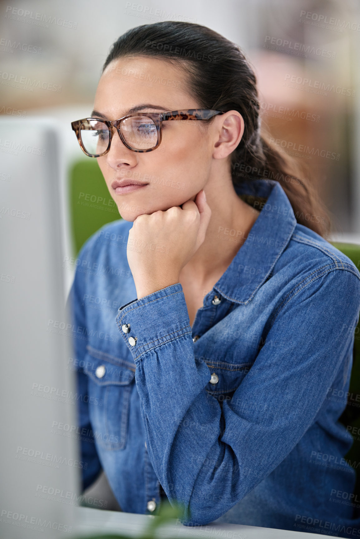 Buy stock photo Computer, woman and desk for online work, thinking and read on internet in workspace. Technology, employee and creative for freelancer web designer, research and editing for agency or business