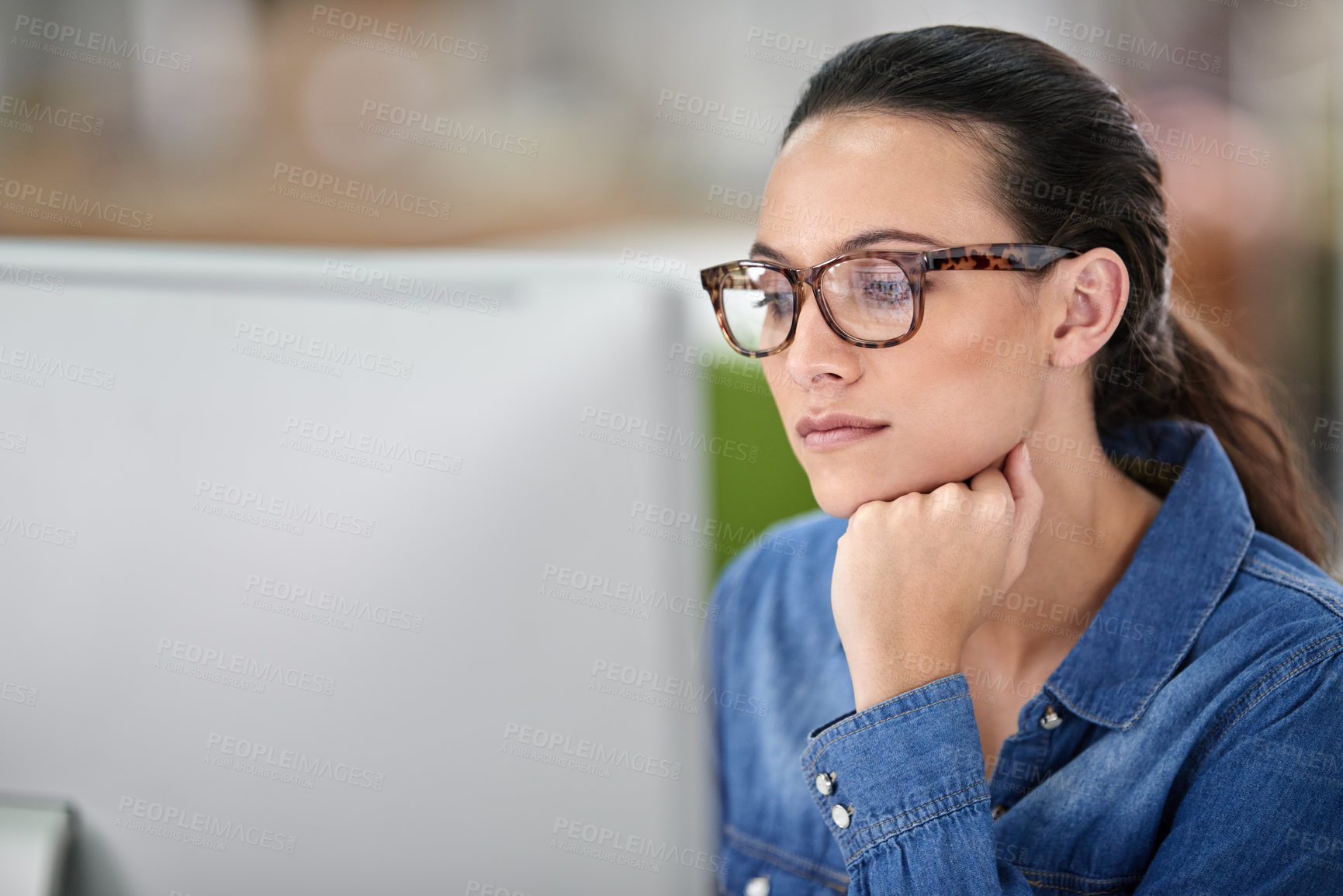 Buy stock photo Computer, woman and desk for online work, thinking and read on internet in workspace. Technology, employee and creative for freelancer web designer, research and editing for agency or business