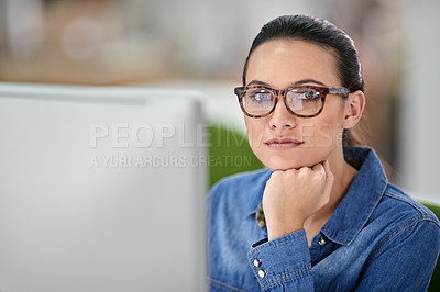 Buy stock photo Computer, woman and desk for online work, portrait and internet in workspace. Technology, employee and professional creative web designer on pc, research and editing website for media agency business