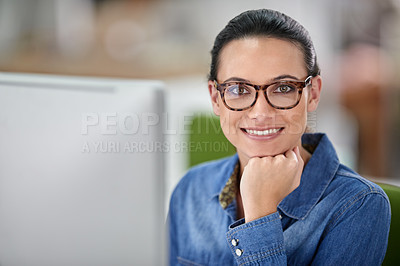 Buy stock photo Woman, smile and portrait with computer in office with pride for career at startup media company. Person, writer or editor with pc, happy and confident with research, story or news at creative agency