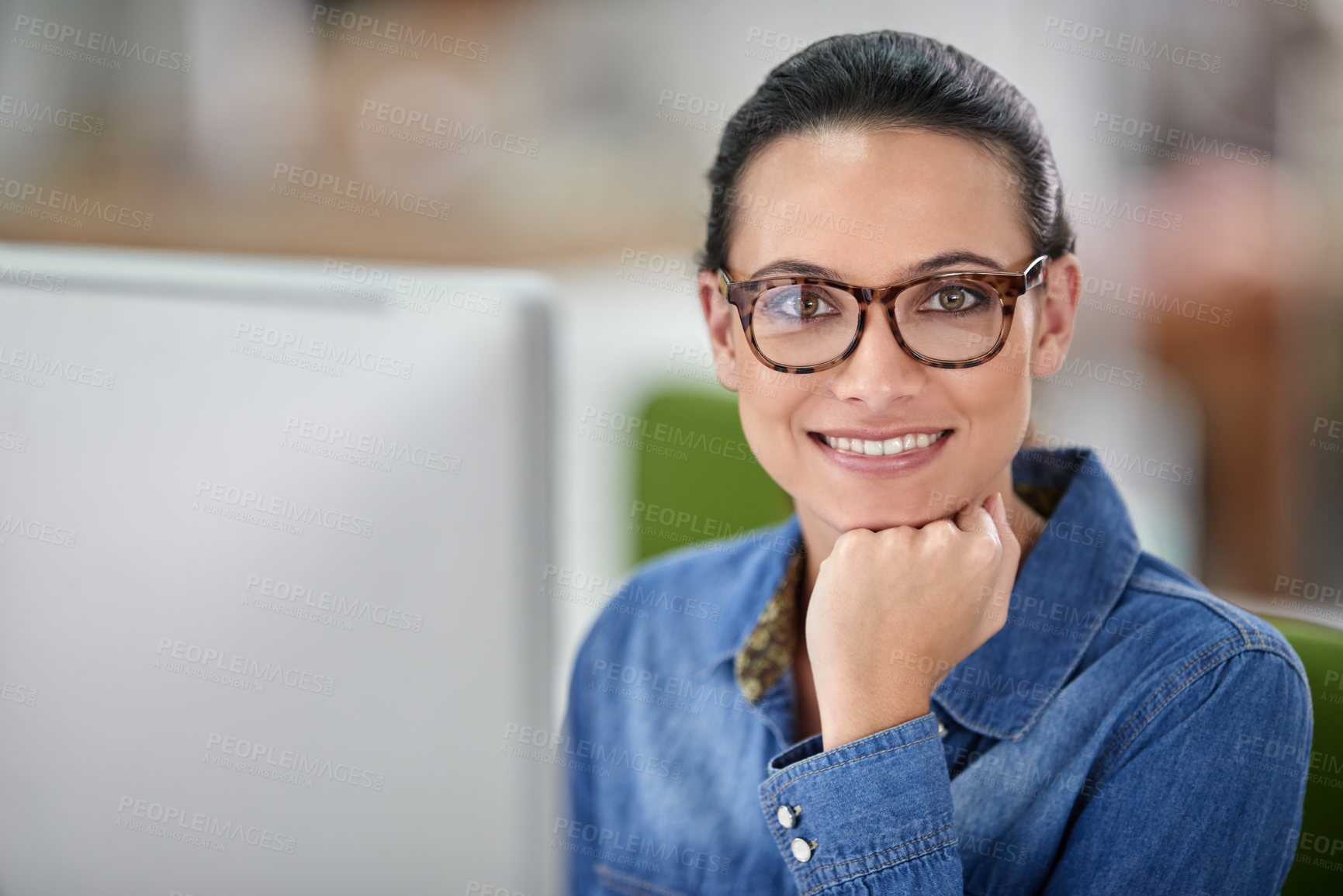 Buy stock photo Woman, smile and portrait with computer in office with pride for career at startup media company. Person, writer or editor with pc, happy and confident with research, story or news at creative agency