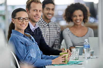 Buy stock photo Meeting, smile and portrait of business people in office for creative research in collaboration. Pride, discussion and copywriting team work on public relations project together in workplace.