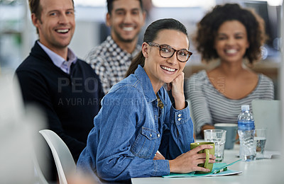 Buy stock photo Portrait, discussion and business people in office for creative research planning in collaboration. Smile, group and copywriting team working on public relations project together in workplace.