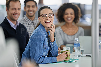 Buy stock photo Meeting, portrait and business people in office for creative research on tablet in collaboration. Smile, discussion and copywriting team working on public relations project together in workplace.