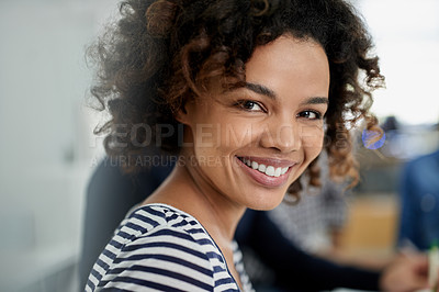 Buy stock photo Portrait, smile and business woman in office for career or job of female person at startup workplace in Brazil. Face, happy professional and creative entrepreneur in company, employee and designer