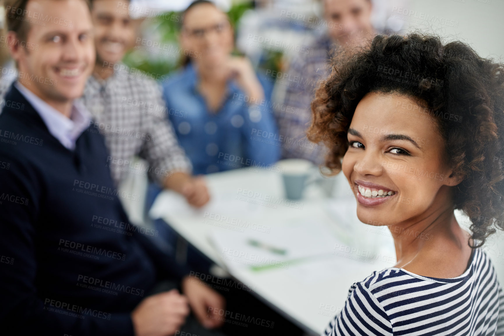 Buy stock photo Portrait, leader and happy business woman in office with team for career, coworking or about us at startup workplace. Face, smile or professional manager, creative entrepreneur or designer with group