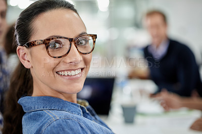 Buy stock photo Portrait, smile and business woman with glasses in office for career, job and coworking at startup workplace. Face, happy professional and creative entrepreneur in company, employee and designer