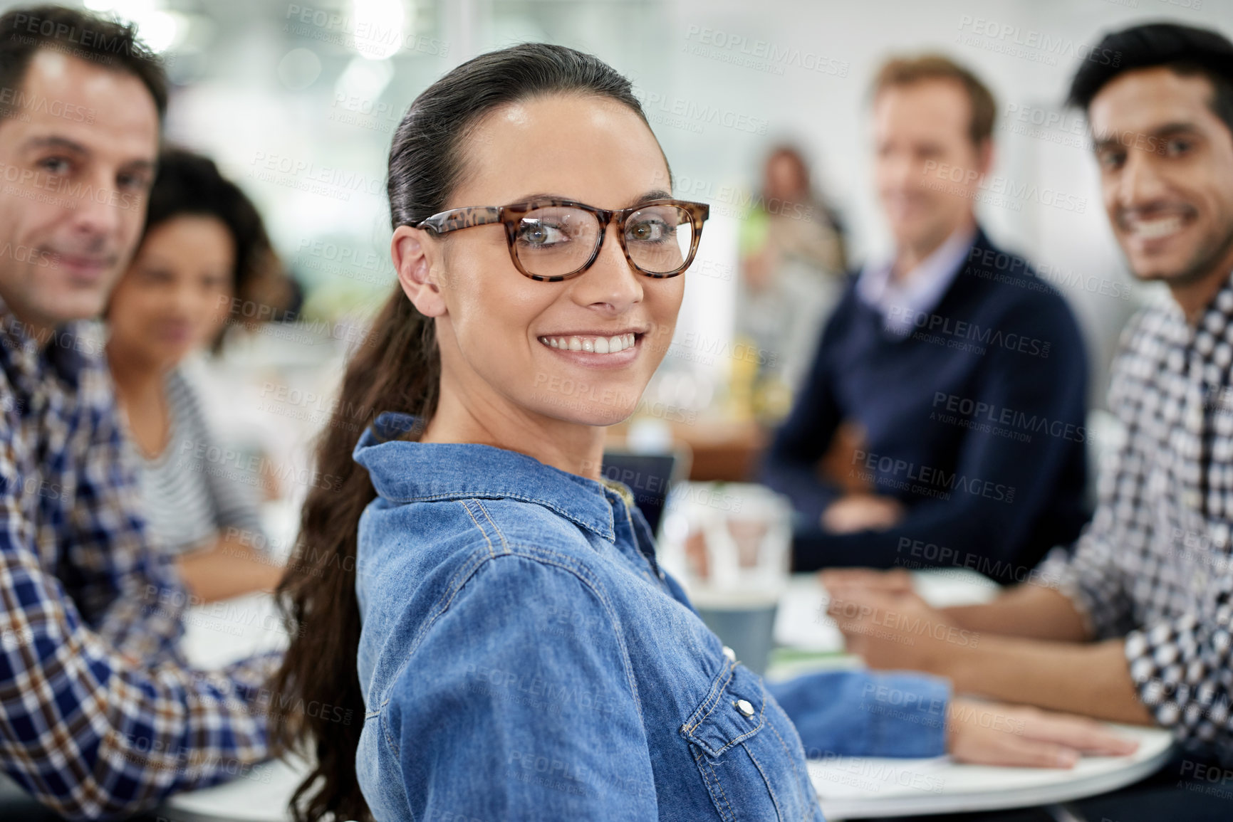 Buy stock photo Portrait, manager and happy business woman in office with team for career, coworking or about us at startup meeting. Face, smile or professional leader, creative entrepreneur or editor in glasses